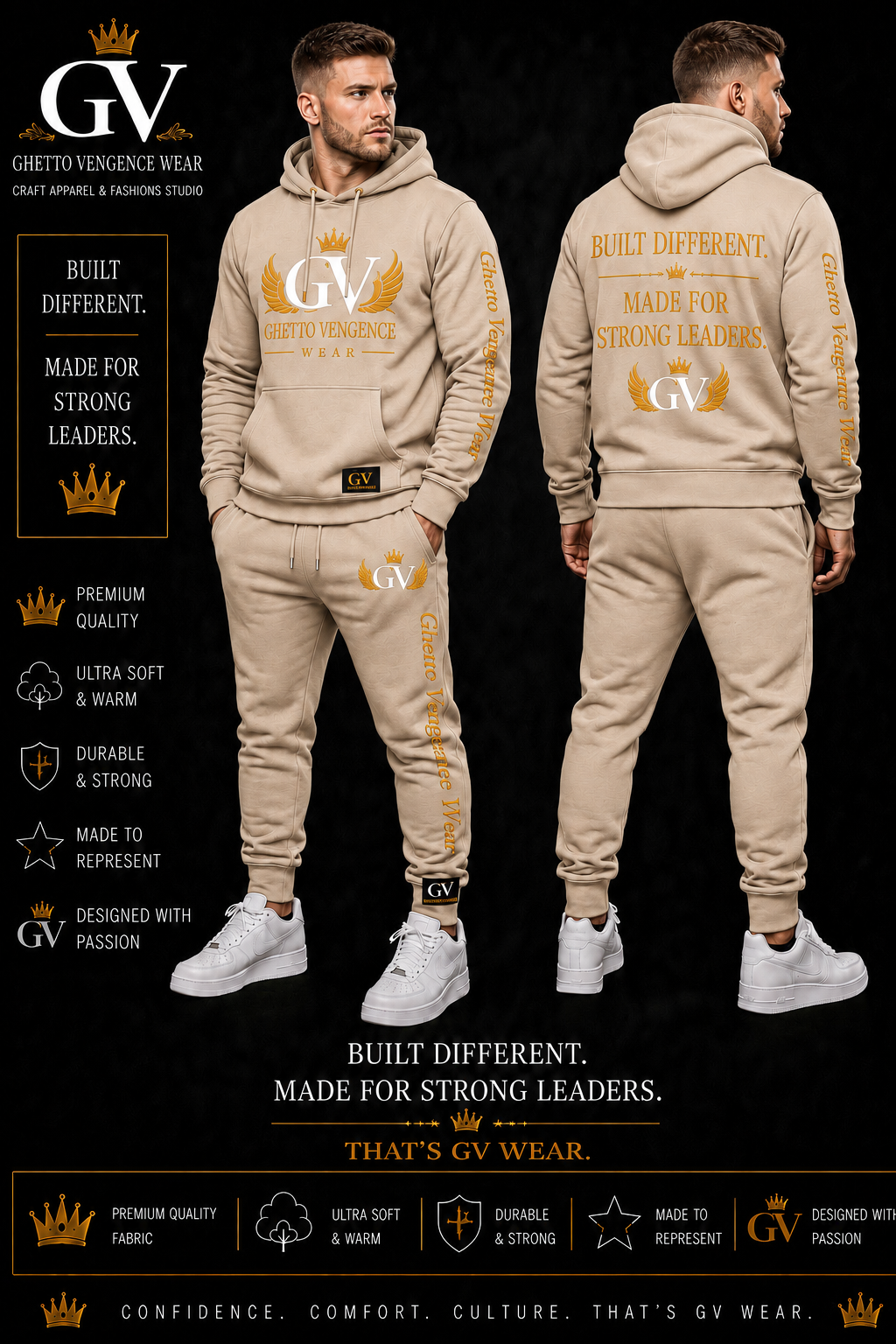 A promotional composite showing a man modeling a beige and gold two-piece tracksuit from the front and back. The hoodie and jogger pants feature the 'GV' logo and 'GRETO VENGEANCE WEAR' branding in gold.