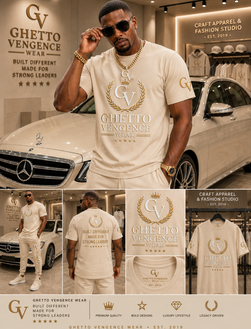 A man wearing a white t-shirt with a gold chest graphic stands in front of a white Mercedes-Benz car in a boutique setting. The image includes smaller inset views showing the back of the t-shirt, the front graphic detail, and the t-shirt hanging on a rack.