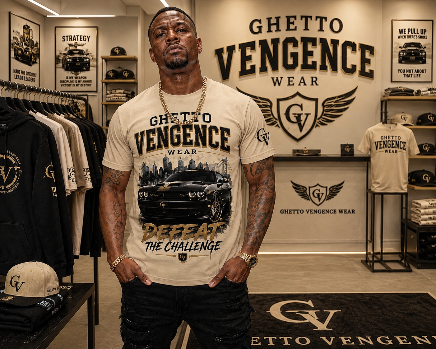 A man standing inside a retail store wearing a beige graphic t-shirt with 'Ghetto Vengeance Wear' and a black car print. The store features matching branded apparel racks, wall displays, and a branded counter.