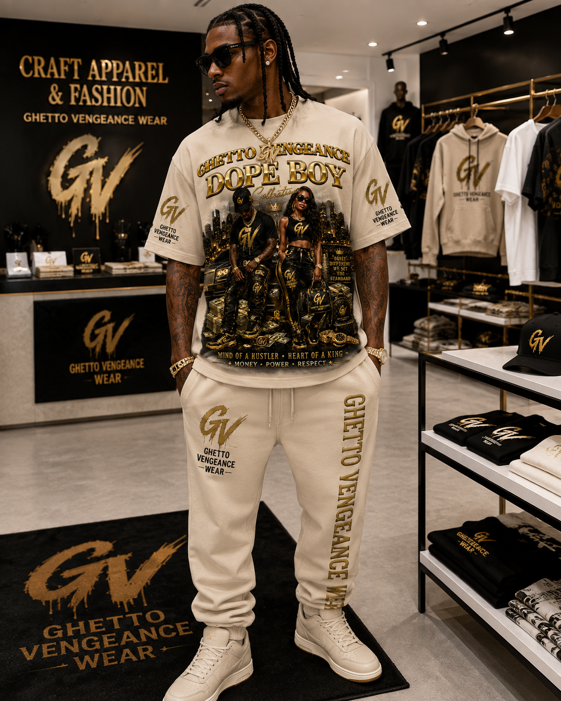 A man modeling a matching beige and black graphic sweatshirt and jogger pants set from Ghetto Vengeance Wear inside a retail store.