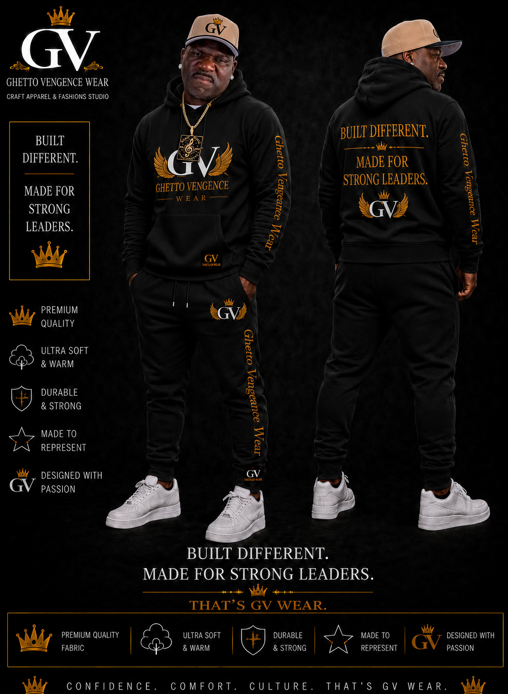 A man modeling a black hoodie and matching black joggers with gold and white branding, shown from both front and back views on a black background. The apparel features a large GV logo and the text 'Built Different.