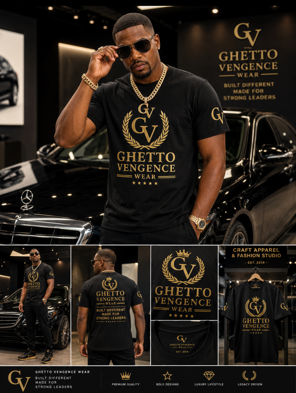 A man wearing a black t-shirt with a gold 'Ghetto Vengeance' graphic stands in front of a black car in a showroom. The image includes smaller inset views showing the back of the shirt and the front logo on a black background.