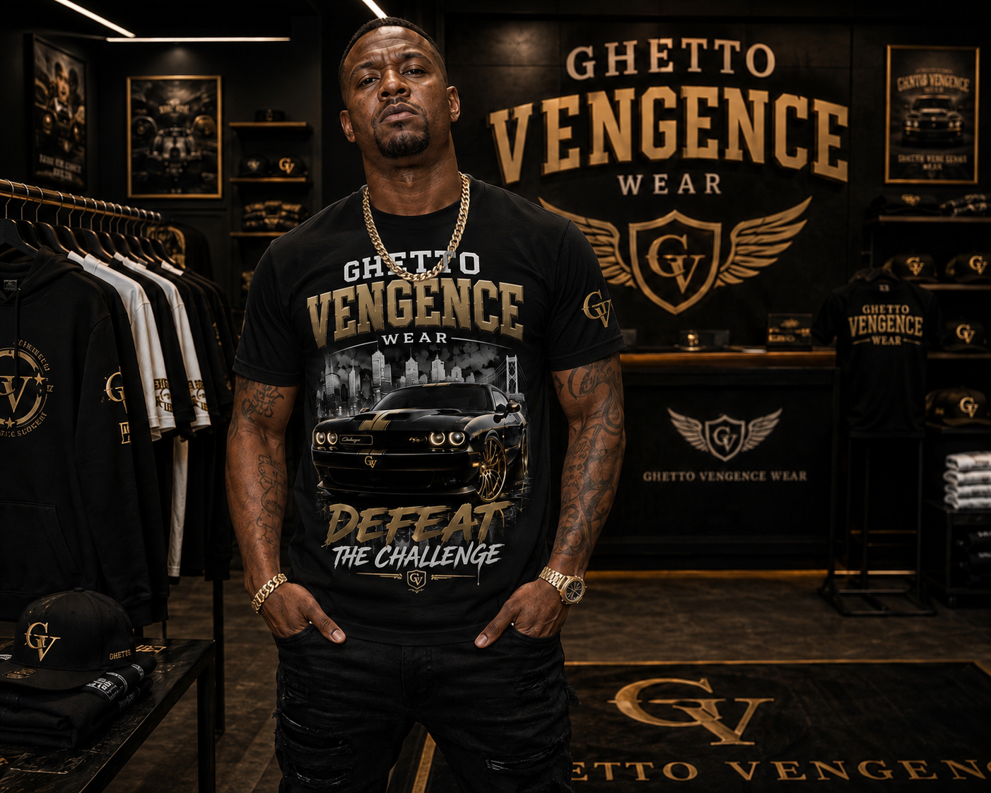 A man wearing a black and gold 'Ghetto Vengeance Wear' graphic t-shirt stands inside a retail store. The background features matching black t-shirts on racks, a counter with the brand logo, and framed wall art.
