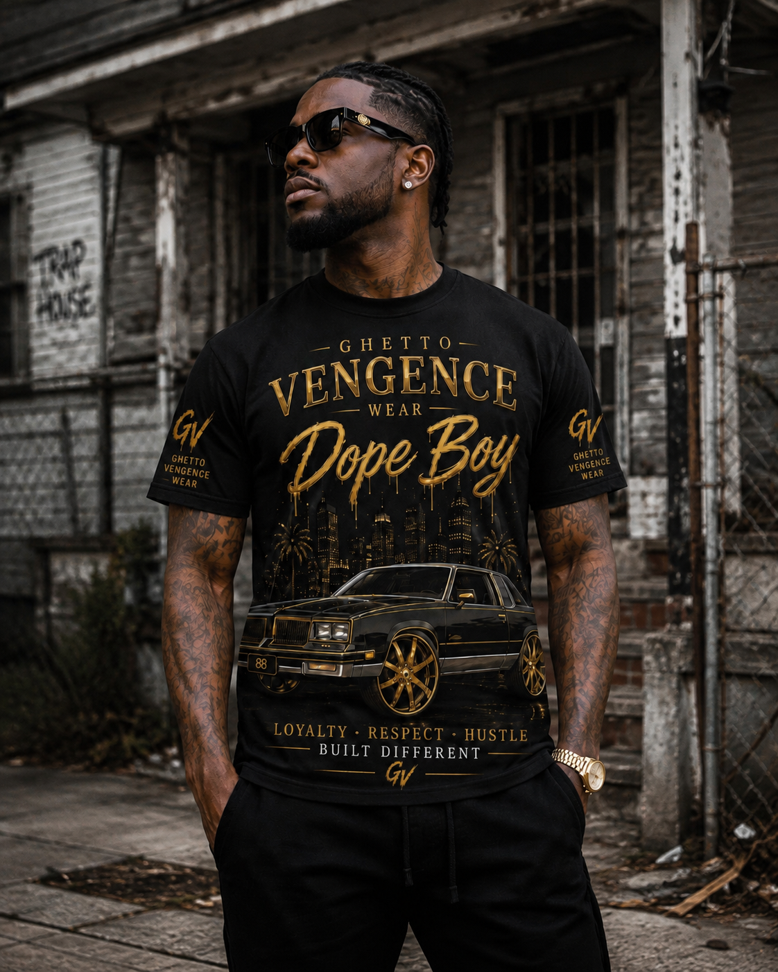 A man wearing a black graphic t-shirt with gold lettering that reads 'Ghetto Vengeance Wear Dope Boy' and a car print, standing in front of a weathered urban building.