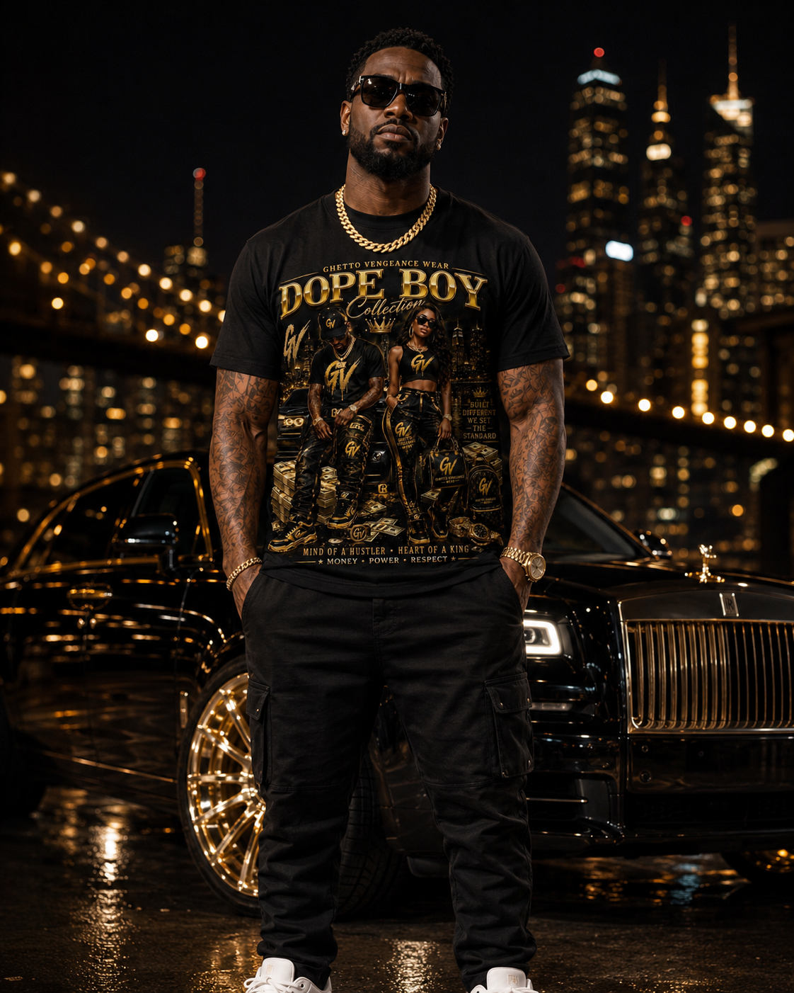 A man wearing a black graphic t-shirt with 'DOPE BOY Collection' printed in gold and black, standing in front of a luxury car and a city skyline at night.