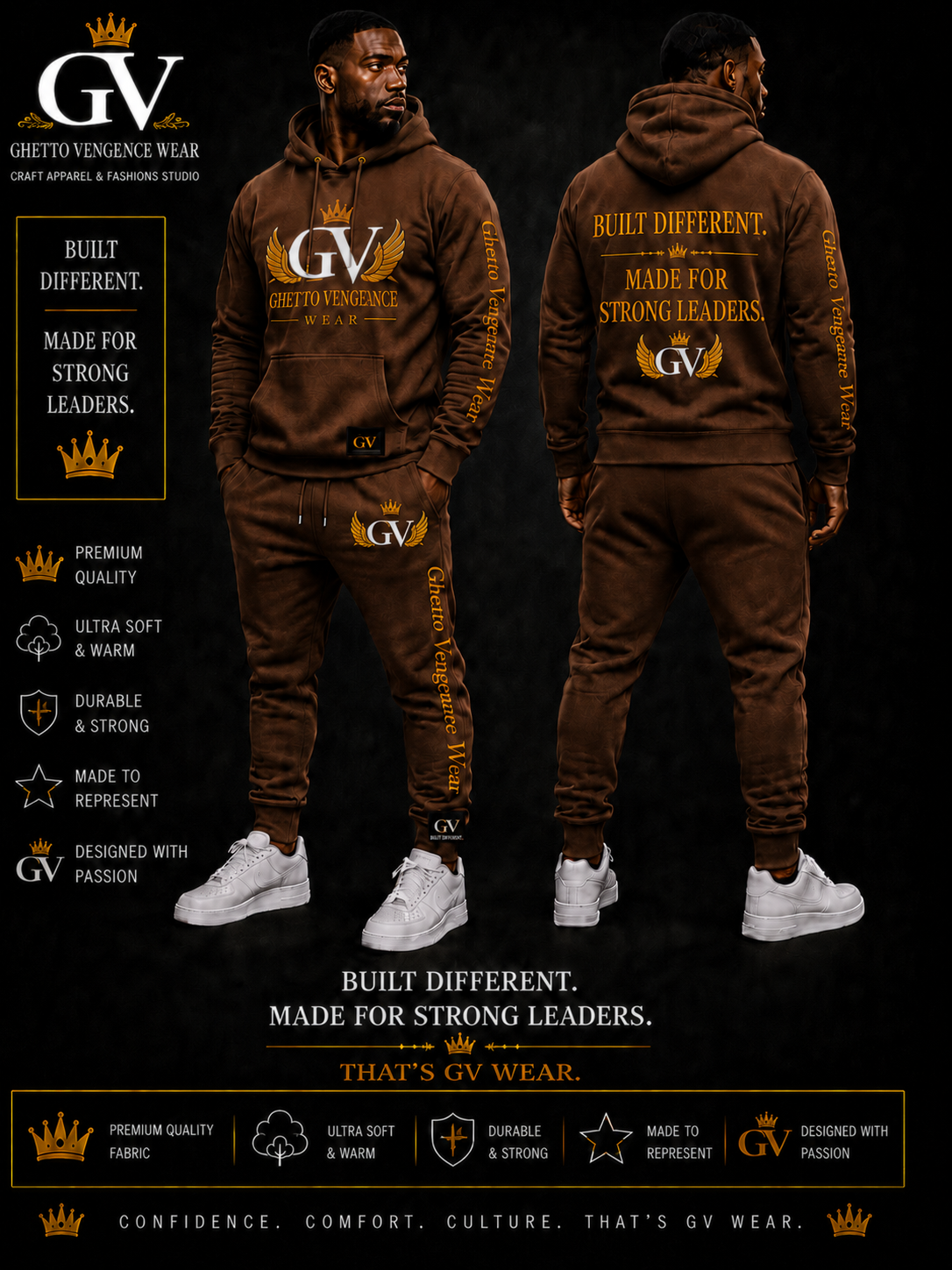 A promotional composite showing a man modeling a brown hooded sweatshirt and matching jogger pants from the front and back, with white sneakers. The image includes large GV branding, slogan text, and feature callouts on a black background.