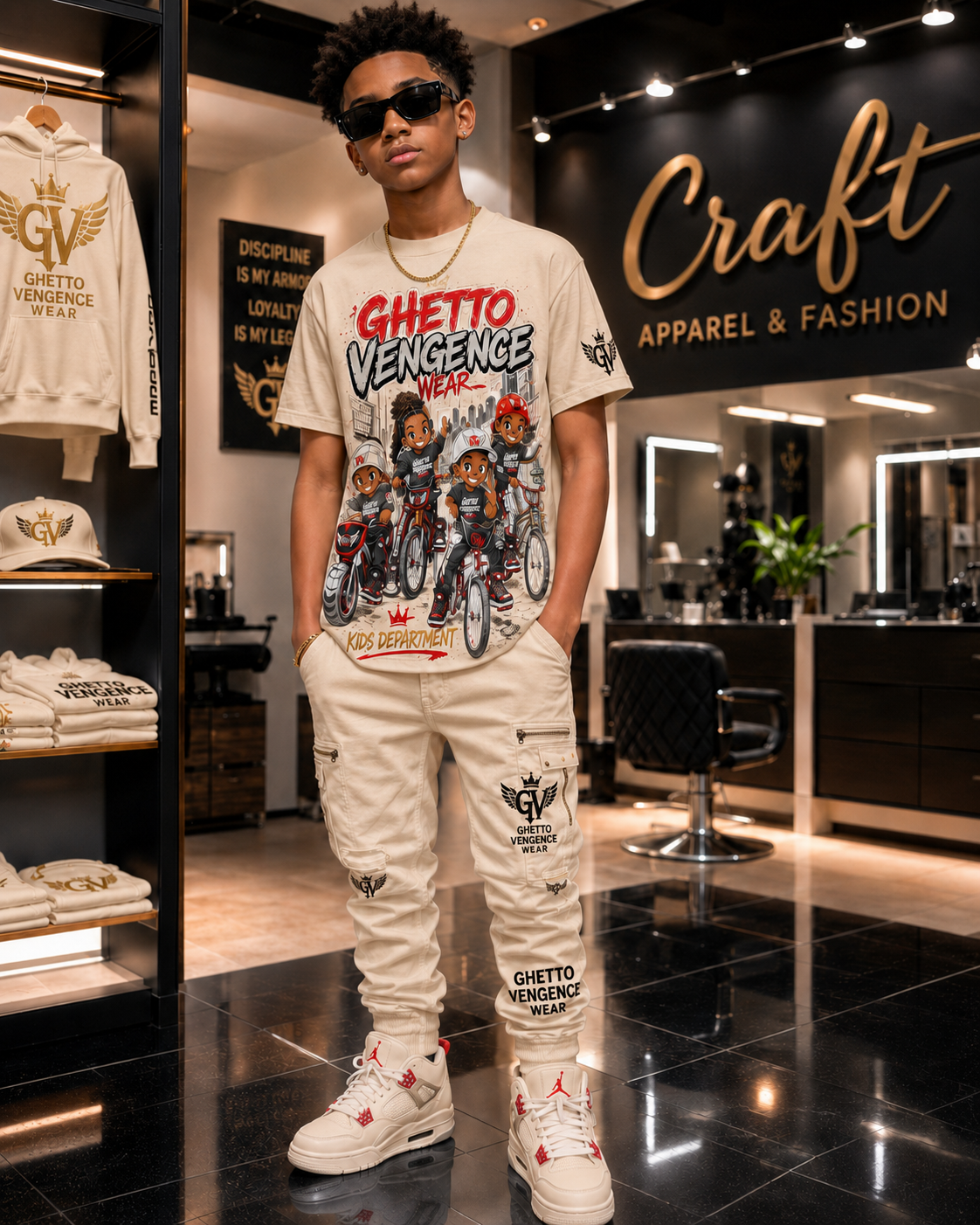 A man wearing a beige graphic t-shirt, matching beige cargo pants, and white sneakers with red accents stands inside a boutique shop. The t-shirt features a colorful graphic of characters on bicycles with the text 'GHETTO VENGENCE WEAR'.