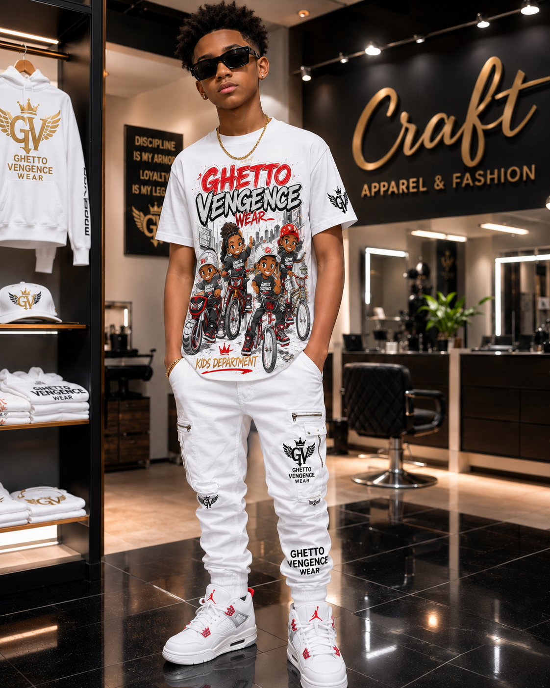 A man modeling a white Ghetto Vengeance graphic t-shirt and matching white cargo pants with white sneakers, standing in a modern clothing store with 'Craft Apparel & Fashion' signage in the background.