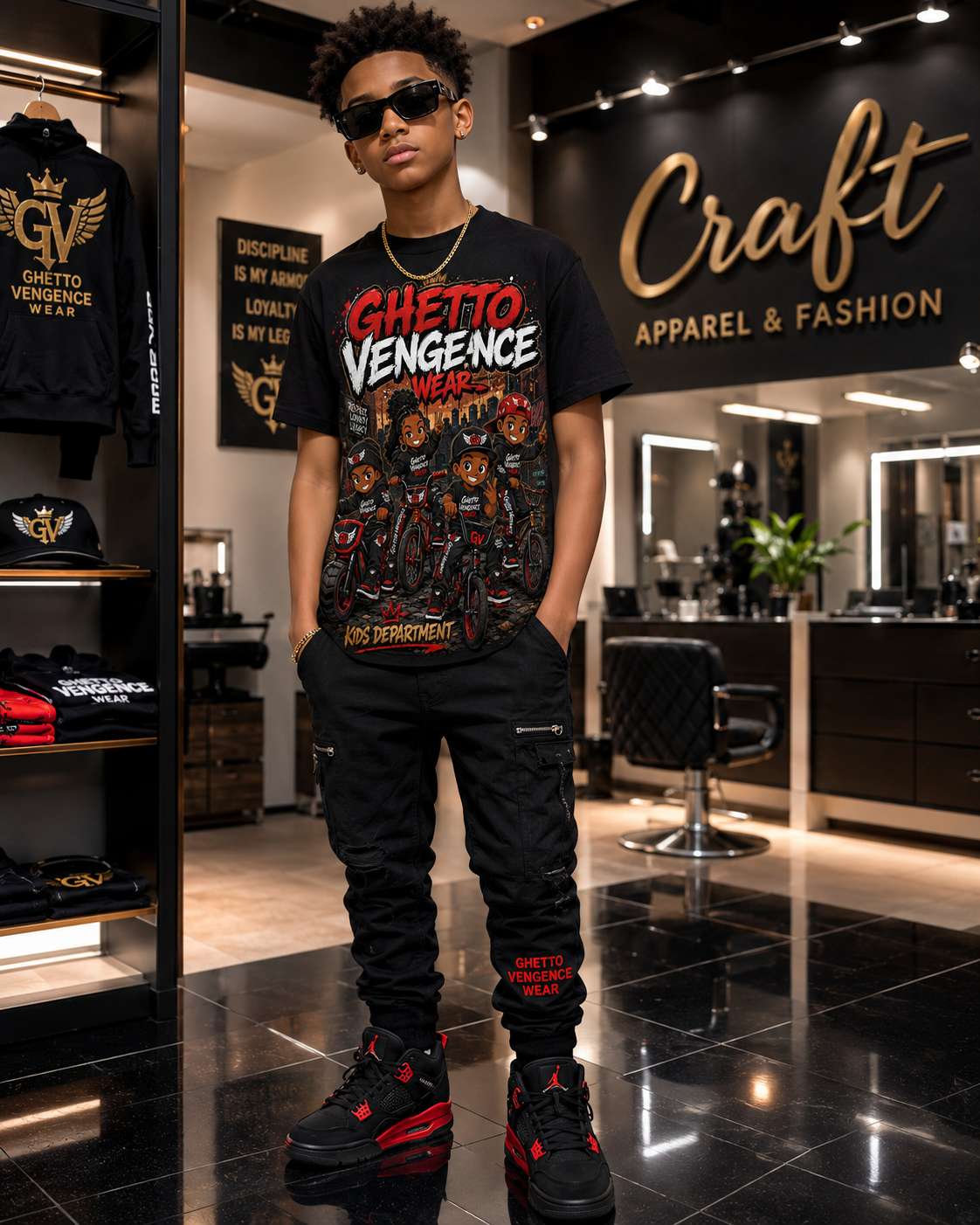 A man wearing a black 'Ghetto Vengeance' graphic t-shirt, black cargo pants, and red and black sneakers stands inside a modern clothing store with 'Craft Apparel & Fashion' written on the wall behind him.