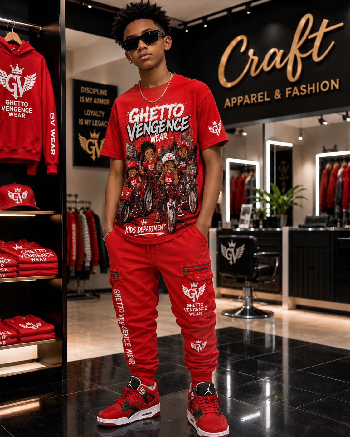 A man modeling a matching red graphic t-shirt and jogger pants set from Ghetto Vengeance Wear inside a modern apparel store. The set features a red graphic tee with 'Ghetto Vengeance' text and a matching pair of red cargo joggers with white and black branding.