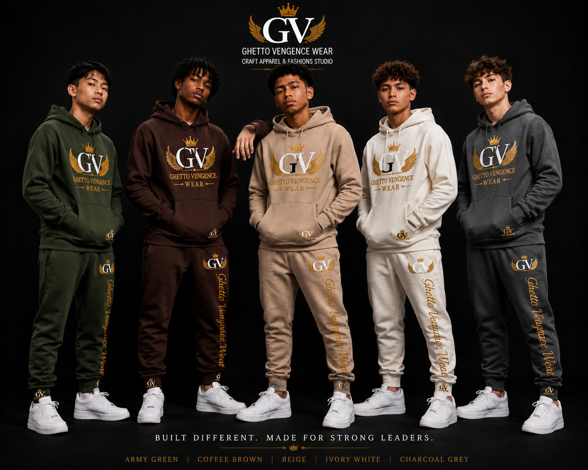 Five male models stand in a row wearing matching hoodie and sweatpants sets in different colors: army green, coffee brown, beige, ivory white, and charcoal grey. Each outfit features a large gold and white 'GV' logo on the chest and legs.