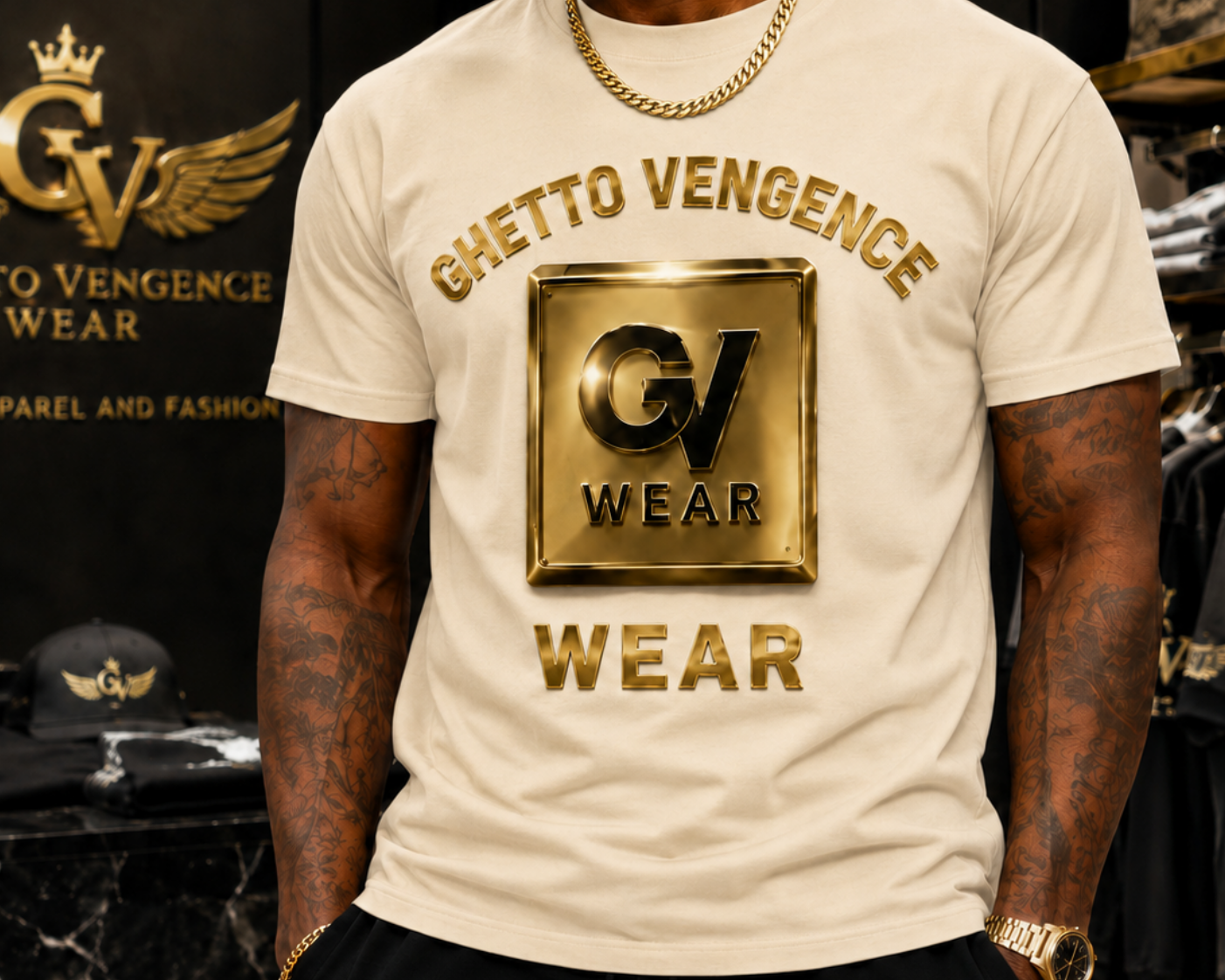 A man wearing a cream-colored t-shirt with a metallic gold 'Ghetto Vengeance Wear' graphic on the front, standing in a retail store environment.