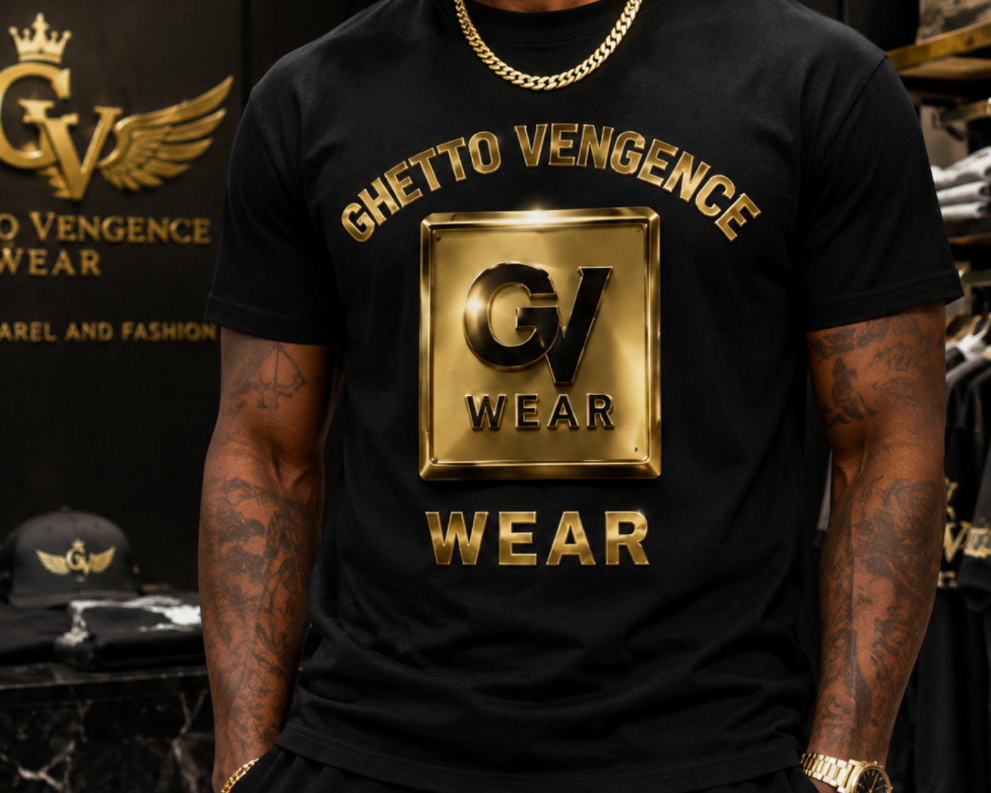 A man wearing a black t-shirt with a large metallic gold 'Ghetto Vengeance Wear' graphic on the front, standing in a retail store environment with other branded apparel visible in the background.