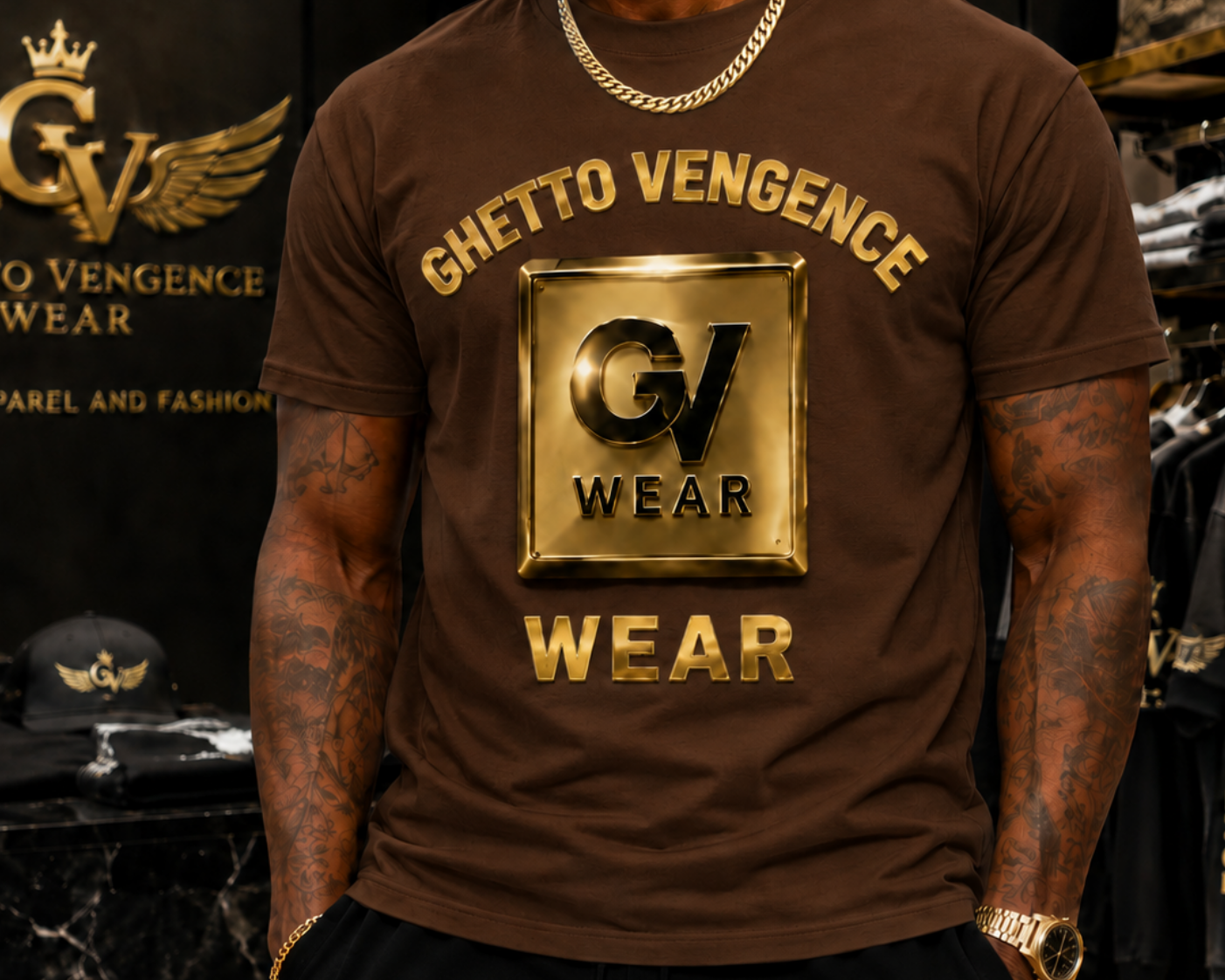 Ghetto Vengence Wear Signature Logo Tee in brown with gold GV emblem graphic, worn by male model in branded store