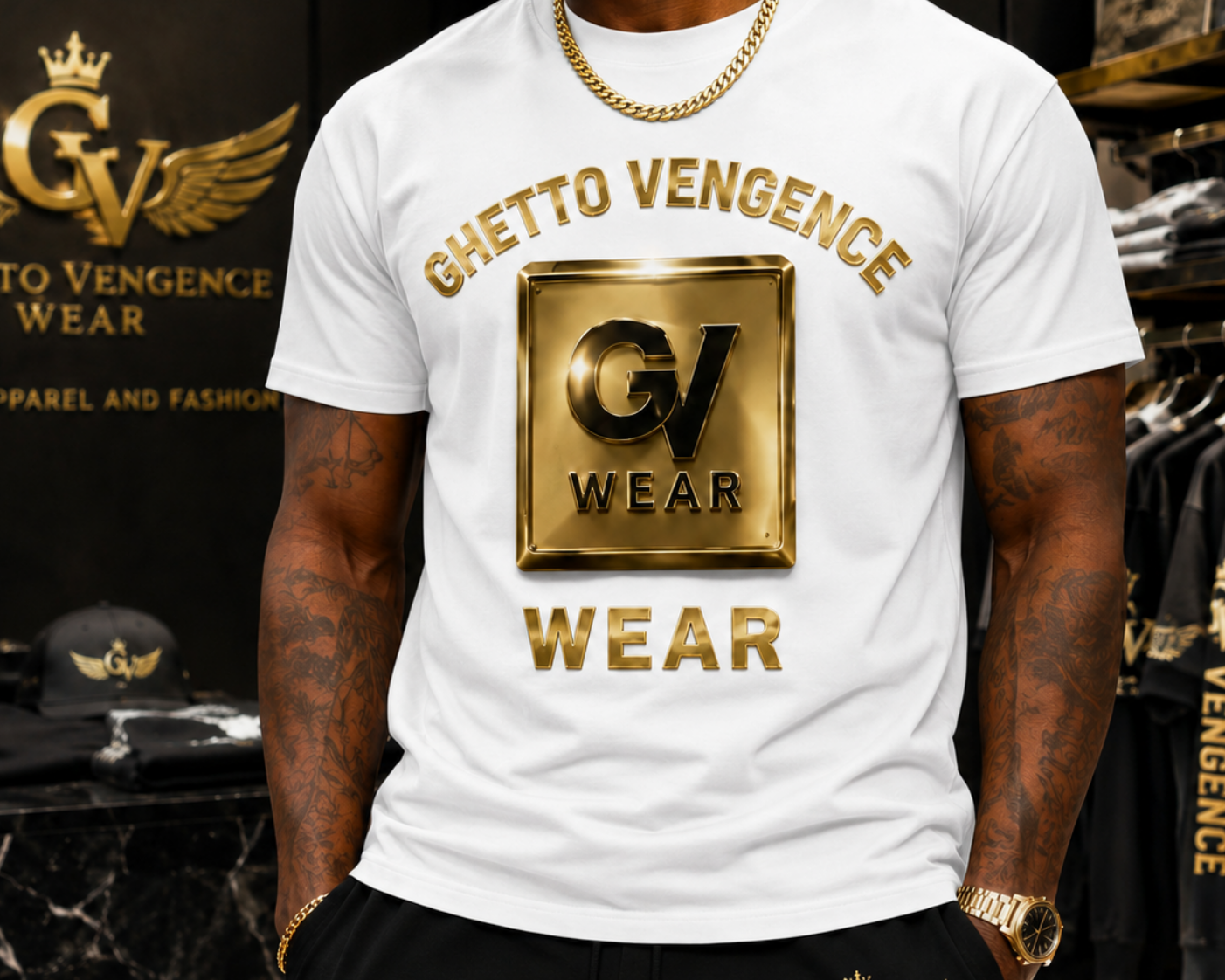 A man wearing a white t-shirt with a large gold 'Ghetto Vengeance Wear' logo graphic on the front, paired with black sweatpants in a retail store setting.