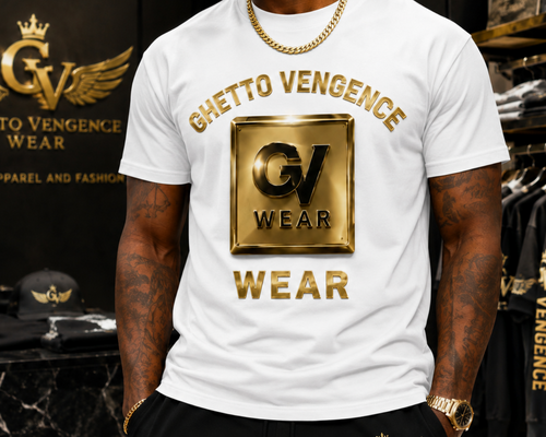 A man wearing a white t-shirt with a large gold 'Ghetto Vengeance Wear' logo graphic on the front, paired with black sweatpants in a retail store setting.