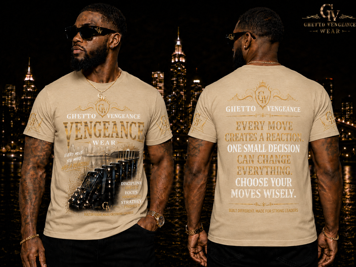 A man modeling a beige graphic t-shirt, shown from both the front and back against a dark city skyline at night. The t-shirt features 'Ghetto Vengeance Wear' branding in gold and black, with a car graphic on the front and motivational text on the back.