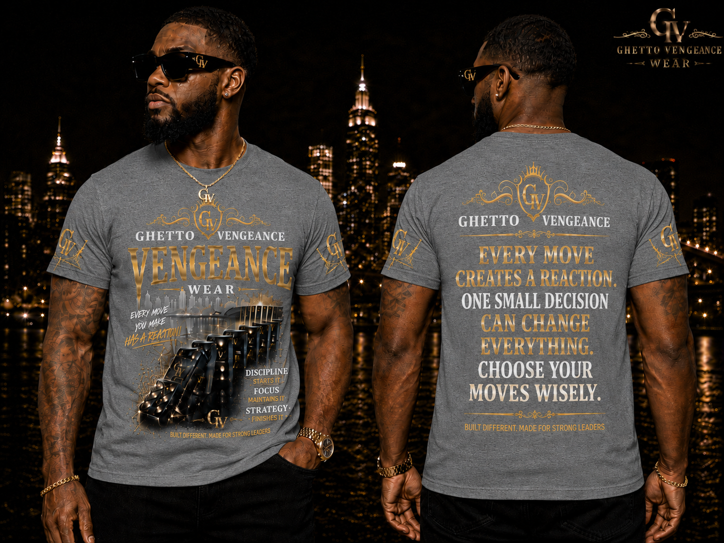 A man modeling a heather gray graphic t-shirt, showing both the front and back views. The shirt features gold and black graphics with the text 'Ghetto Vengeance Wear' and motivational quotes.