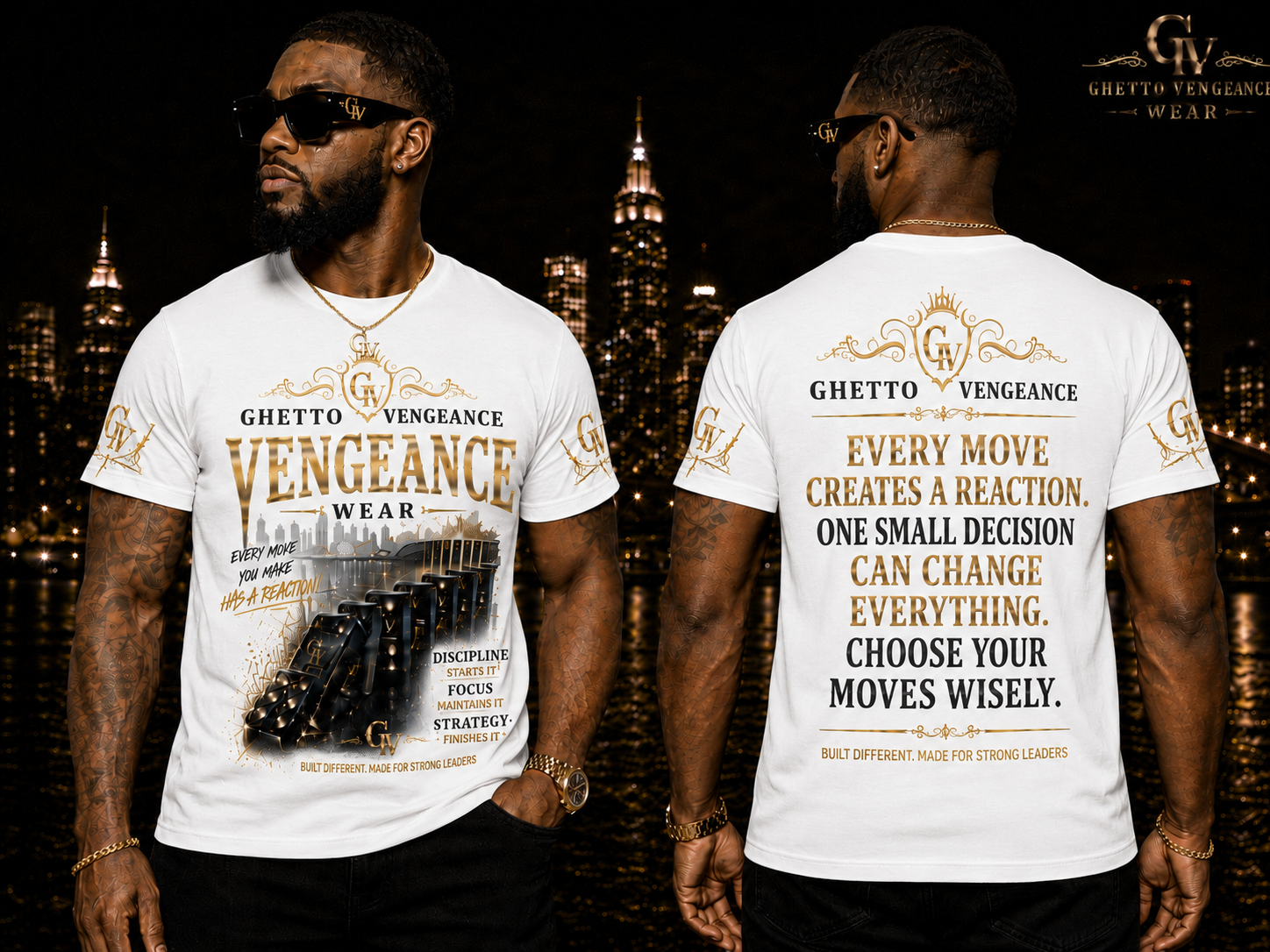 A man modeling a white graphic T-shirt, shown from both front and back against a dark city skyline at night. The shirt features gold and black text reading 'Ghetto Vengeance Wear' with a train graphic on the front and motivational text on the back.