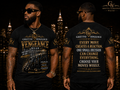 A man modeling a black graphic T-shirt from the front and back, set against a dark city skyline at night. The shirt features gold and white text and graphics reading 'Ghetto Vengeance Wear' with motivational text on the back.