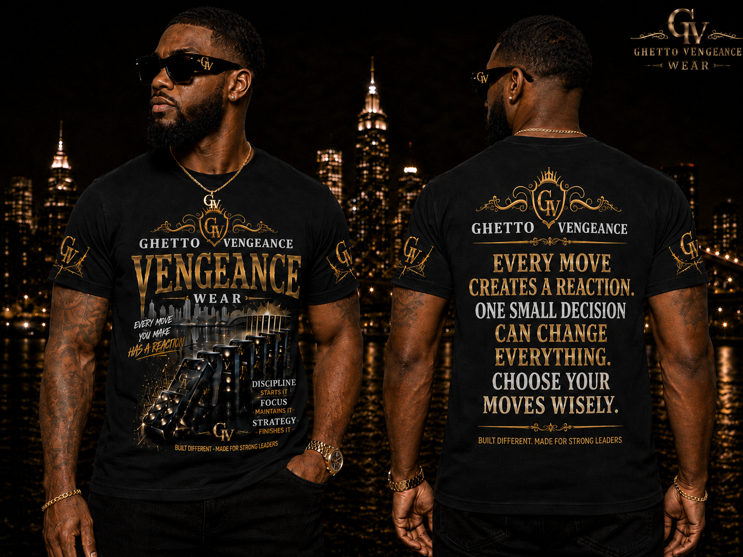 A man modeling a black graphic T-shirt from the front and back, set against a dark city skyline at night. The shirt features gold and white text and graphics reading 'Ghetto Vengeance Wear' with motivational text on the back.