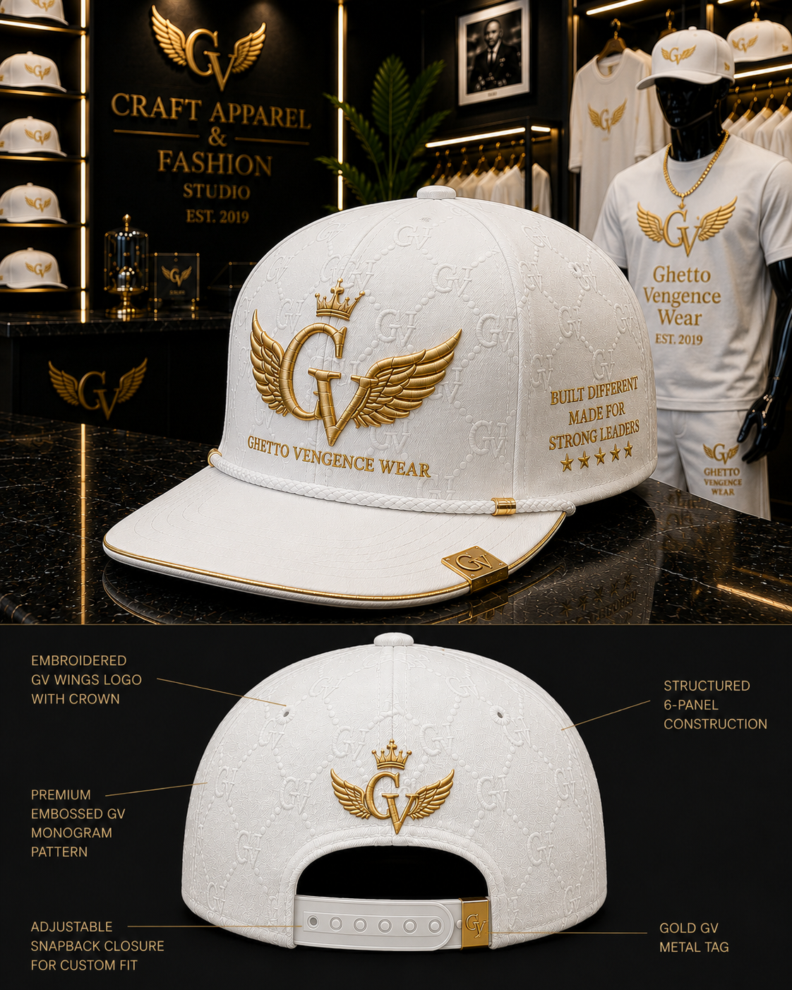 White structured baseball cap with gold embroidered 'GV' wings logo and 'Ghetto Vengeance Wear' text, shown in a retail display with front, back, and close-up views plus callout labels.