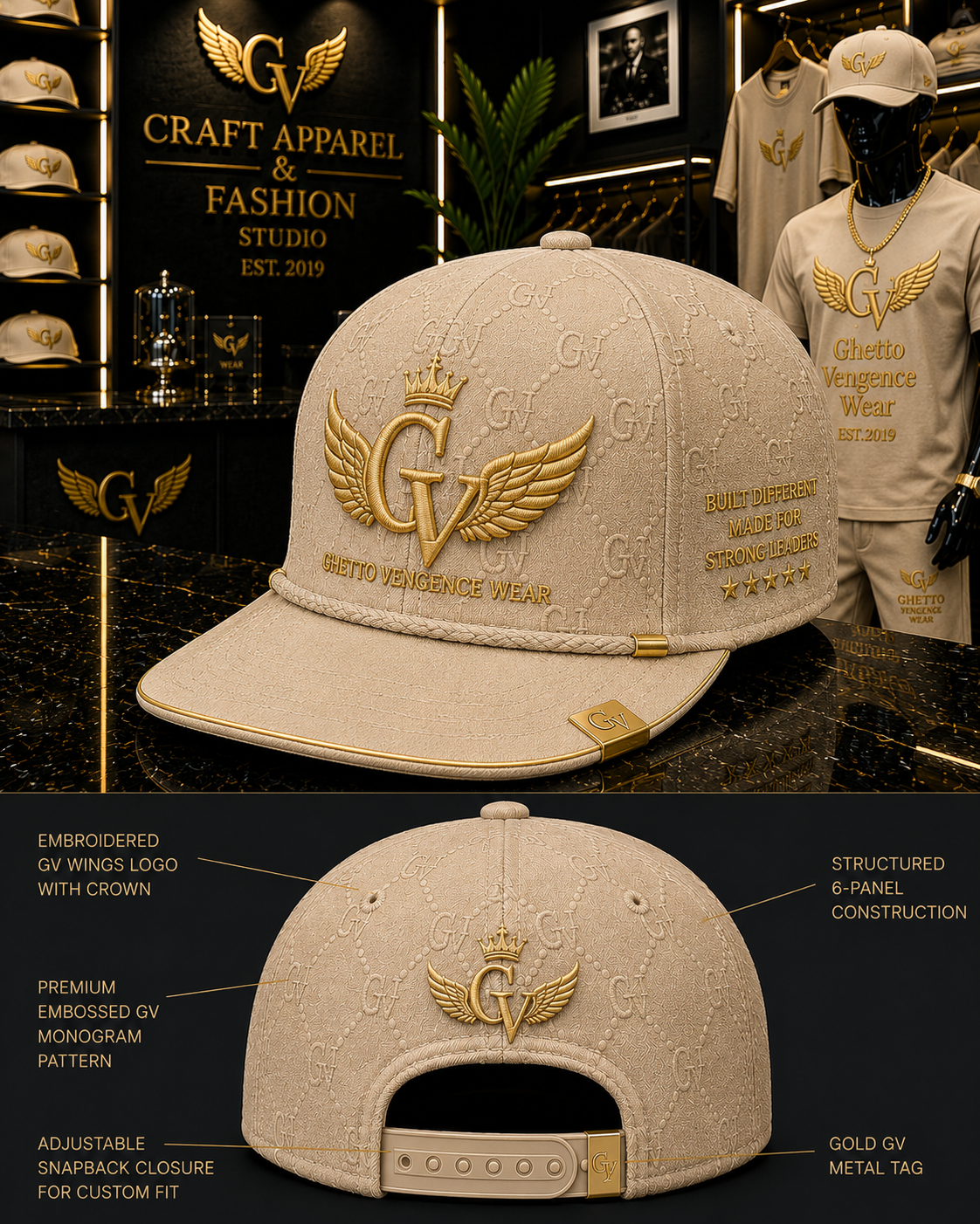 A structured beige baseball cap with gold embroidered winged 'GV' logos and text on the front, shown in a luxury retail setting with a lower panel showing front and back views with callout labels.