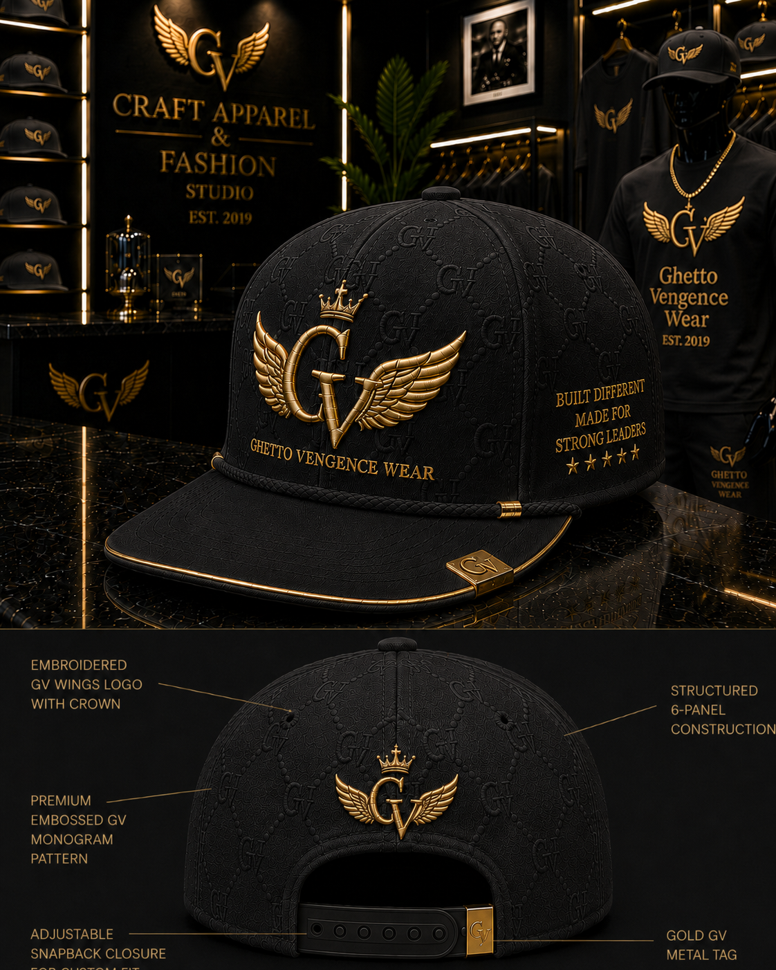 Black structured baseball cap with gold monogram pattern and gold embroidered GV wings logo on the front, shown with front and back views and product detail callouts over a dark boutique background.