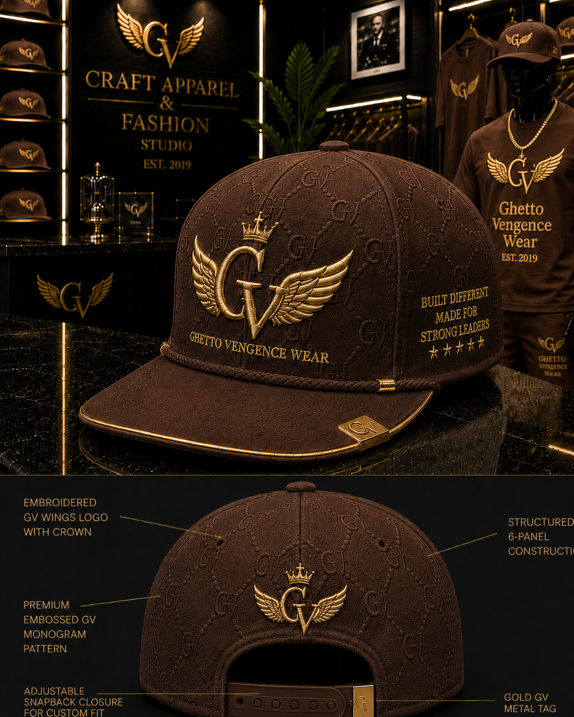 A dark brown structured baseball cap with gold embroidered lettering and winged 'GV' logo, shown prominently in a boutique display with close-up detail panels below. The cap features embossed monogram pattern, gold crown logo with wings and crown, and text reading 'Ghetto Vengeance Wear' and 'Built Different Made for Strong Leaders'.