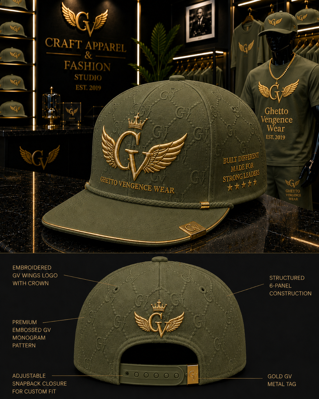 An olive green flat-brim cap with gold embroidery and a monogram pattern, shown in a retail display setting with front and back views and callout labels.