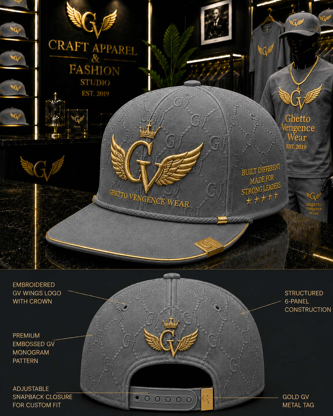 A structured gray baseball cap with gold embroidered 'G' wings logo and text on the front, shown in a branded studio setting with additional views and product details. The cap features an embossed monogram pattern, gold trim, and a gold metal snapback tag.