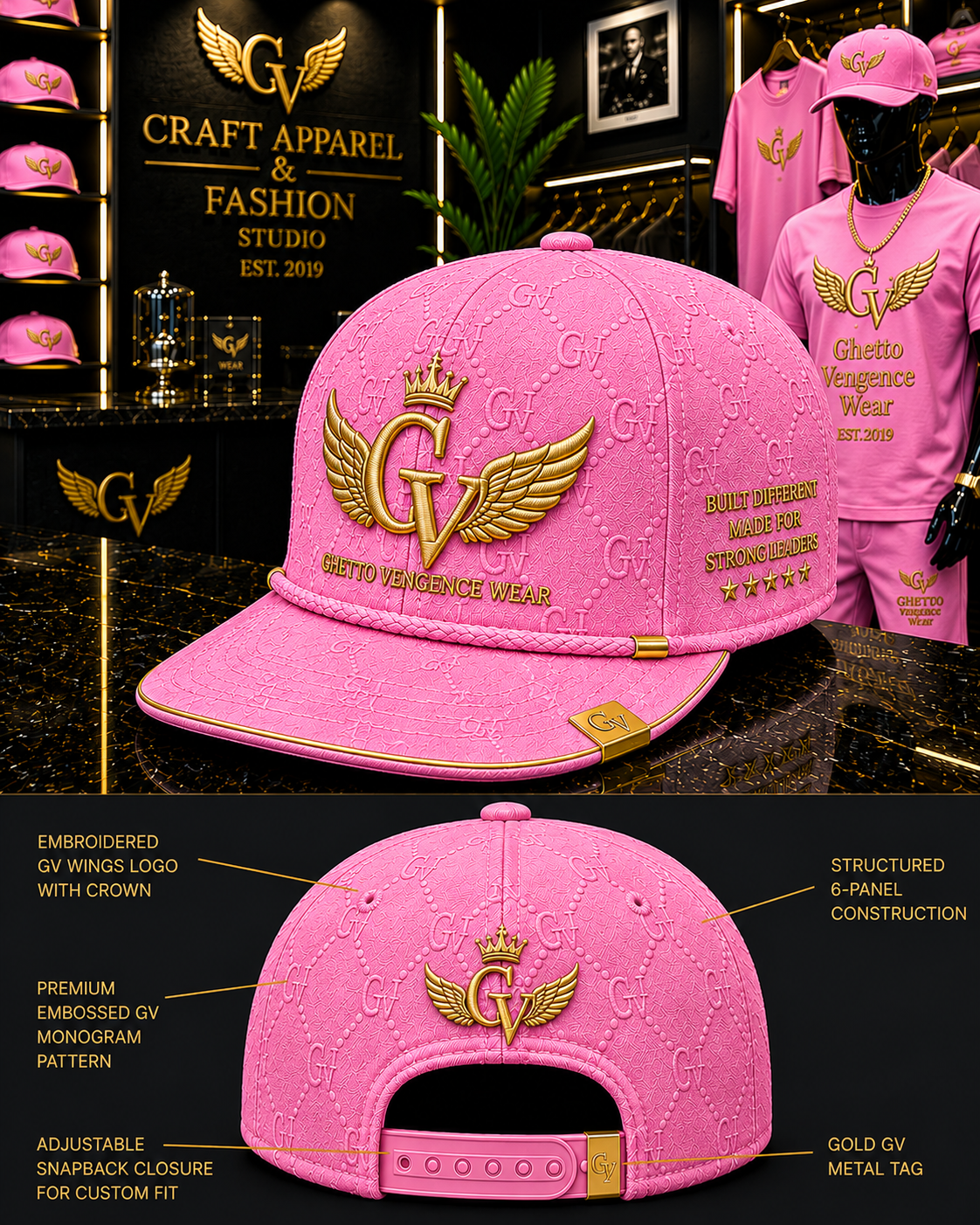 A pink structured baseball cap with gold embroidered 'GV' wings logo and text on the front, shown alongside a rear view detail and a branded retail display background. The image includes callout labels pointing to features such as the monogram pattern, snapback closure, and 6-panel construction.