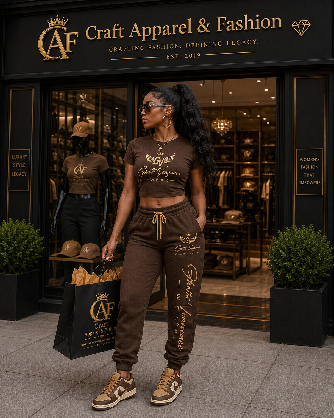 A soft, premium two-piece set featuring a fitted crop top and comfortable mid-rise joggers. Designed for a clean, feminine streetwear look with signature Ghetto Vengence Wear detailing. Perfect for everyday wear, travel, or casual outings.