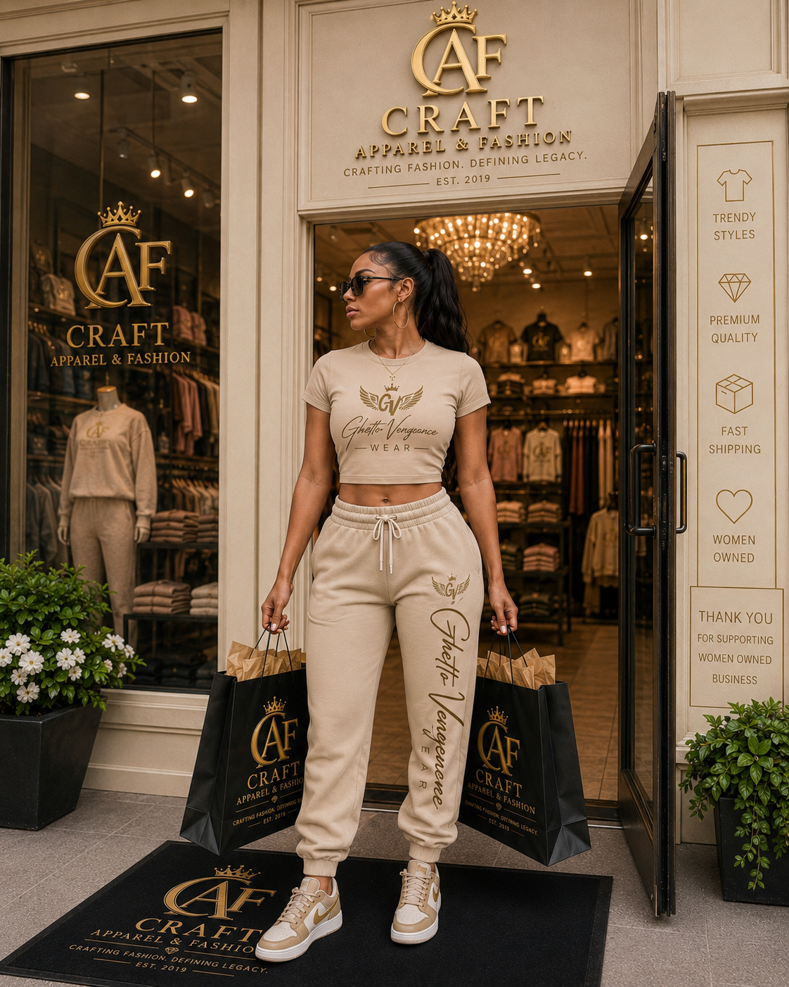 A soft, premium two-piece set featuring a fitted crop top and comfortable mid-rise joggers. Designed for a clean, feminine streetwear look with signature Ghetto Vengence Wear detailing. Perfect for everyday wear, travel, or casual outings.