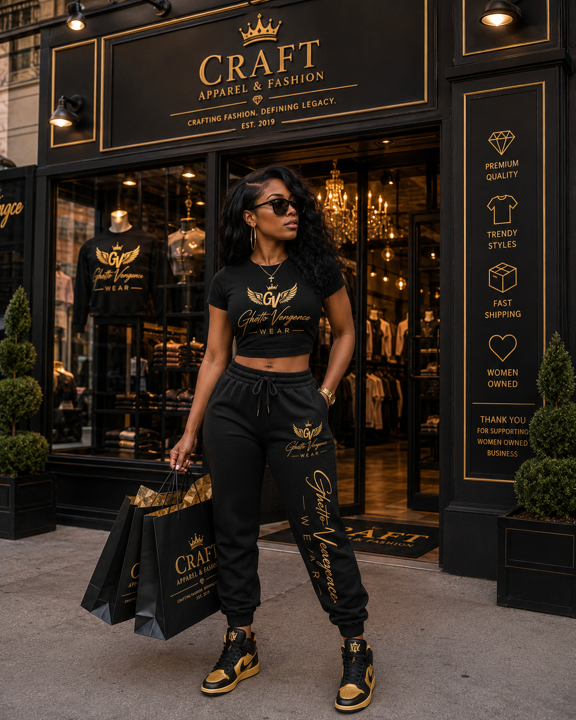 Ghetto Vengence Wear Luxe Women’s Set — A soft, premium two-piece set featuring a fitted crop top and comfortable mid-rise joggers. Designed for a clean, feminine streetwear look with signature Ghetto Vengence Wear detailing. Perfect for everyday wear, travel, or casual outings.
