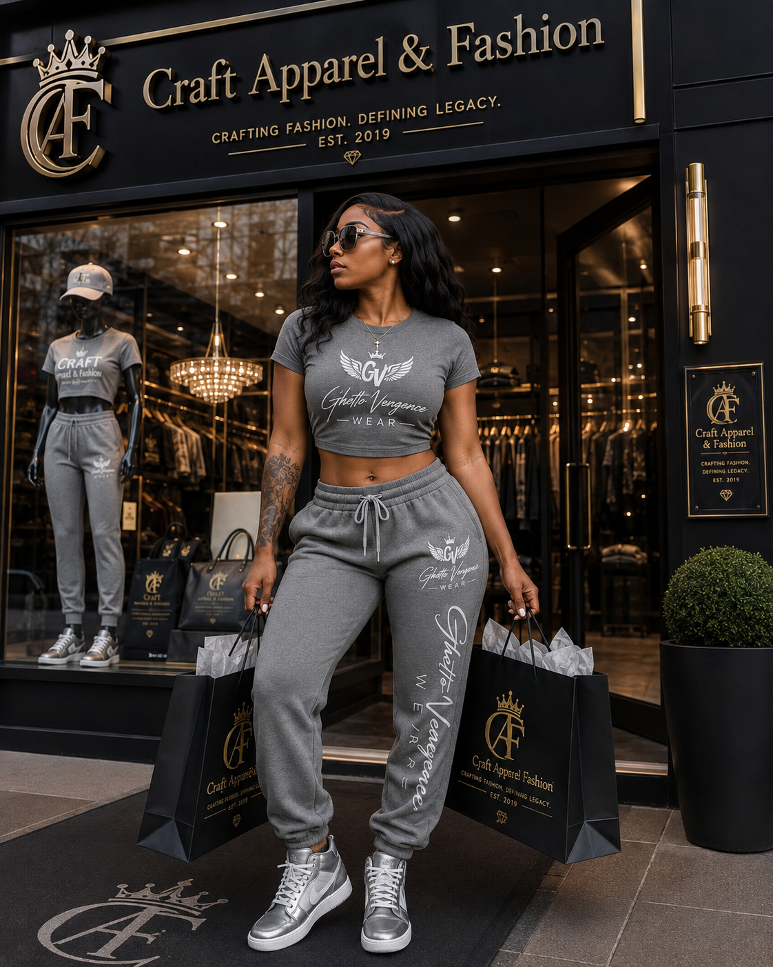  A soft, premium two-piece set featuring a fitted crop top and comfortable mid-rise joggers. Designed for a clean, feminine streetwear look with signature Ghetto Vengence Wear detailing. Perfect for everyday wear, travel, or casual outings.