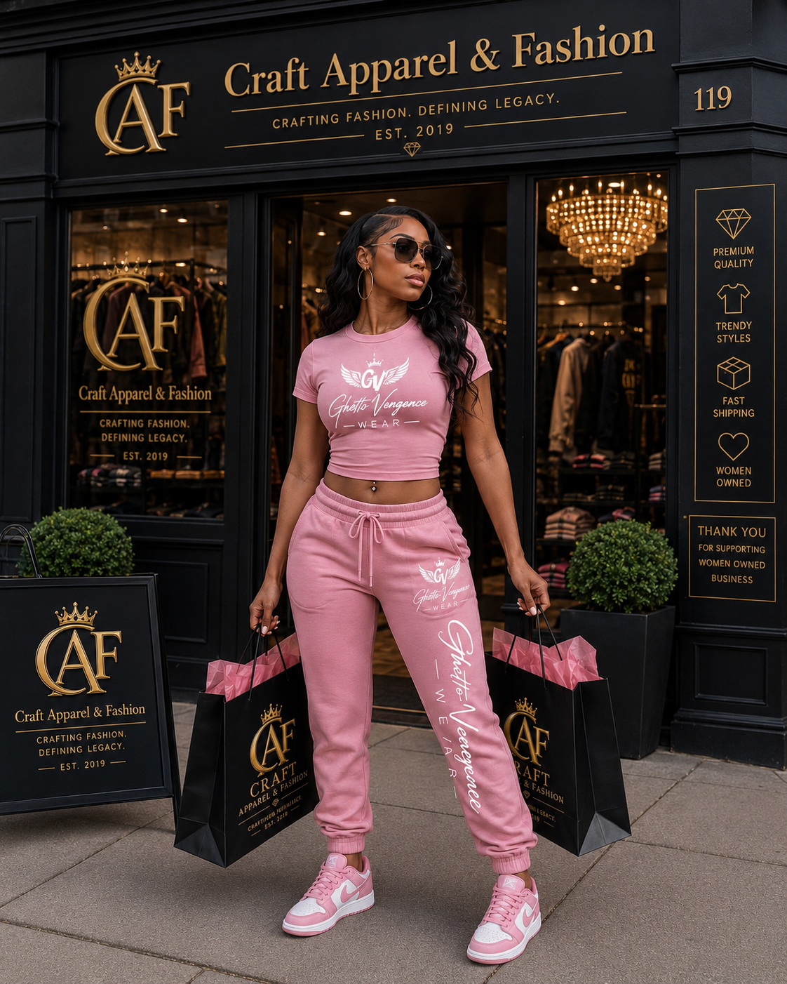 A soft, premium two-piece set featuring a fitted crop top and comfortable mid-rise joggers. Designed for a clean, feminine streetwear look with signature Ghetto Vengence Wear detailing. Perfect for everyday wear, travel, or casual outings.