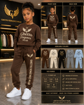 A child model wearing a brown Ghetto Vengeance Wear hoodie and matching sweatpants, shown in a storefront setting with front and back views, available colors, and product details panels on a black background.