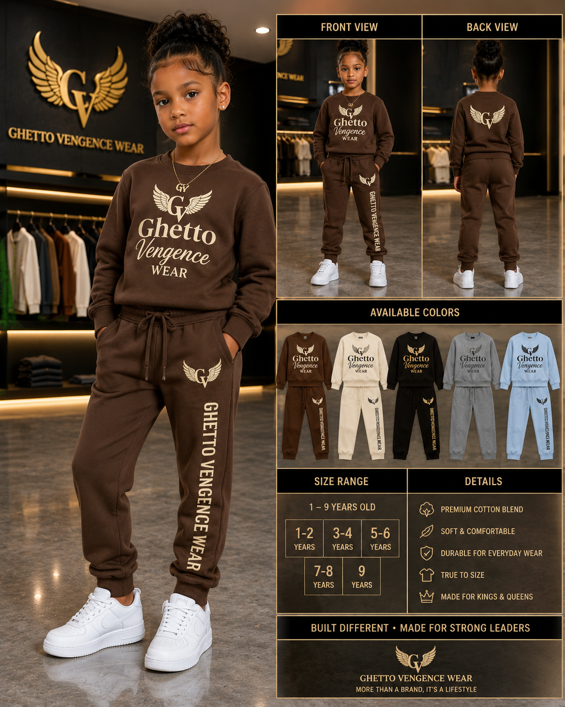 A child model wearing a brown Ghetto Vengeance Wear hoodie and matching sweatpants, shown in a storefront setting with front and back views, available colors, and product details panels on a black background.
