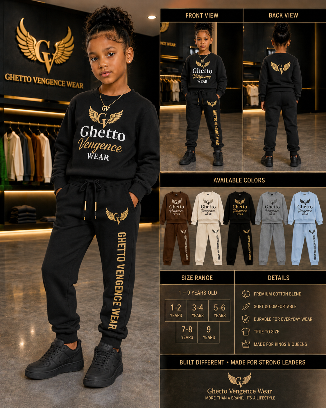 A child modeling a black Ghetto Vengeance Wear sweatshirt and matching sweatpants set in a store interior, with inset views showing front and back of the outfit and a color options panel below.