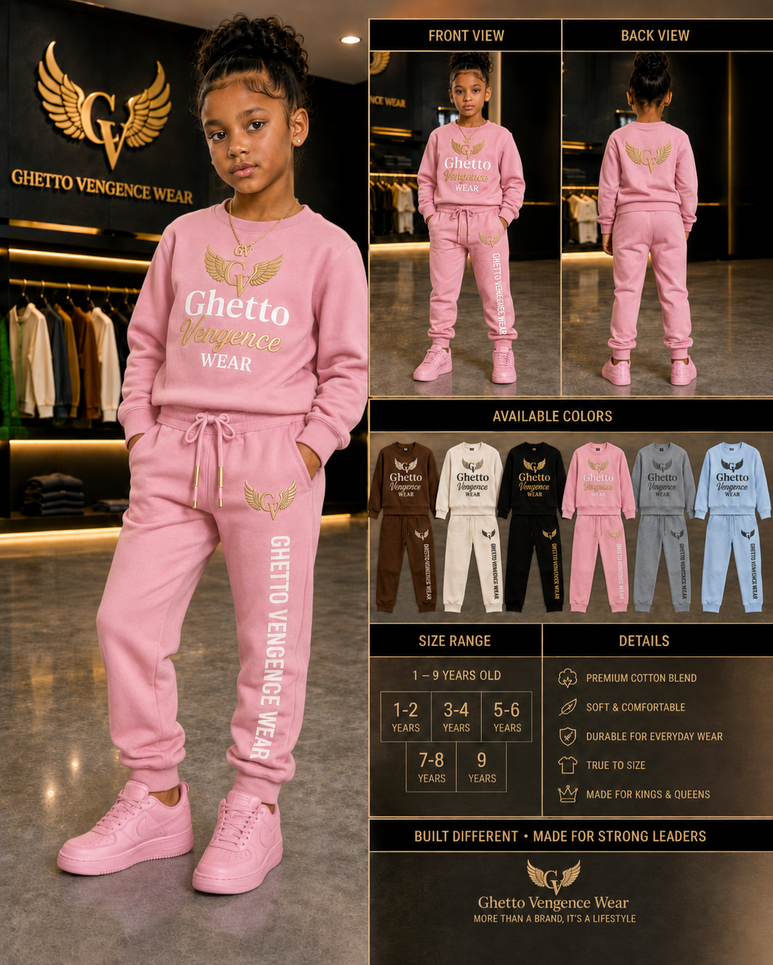 A child model wearing a pink two-piece tracksuit with gold wing graphics and 'Ghetto Vengeance Wear' text, shown alongside front and back views, size details, and available color options on a branded storefront background.