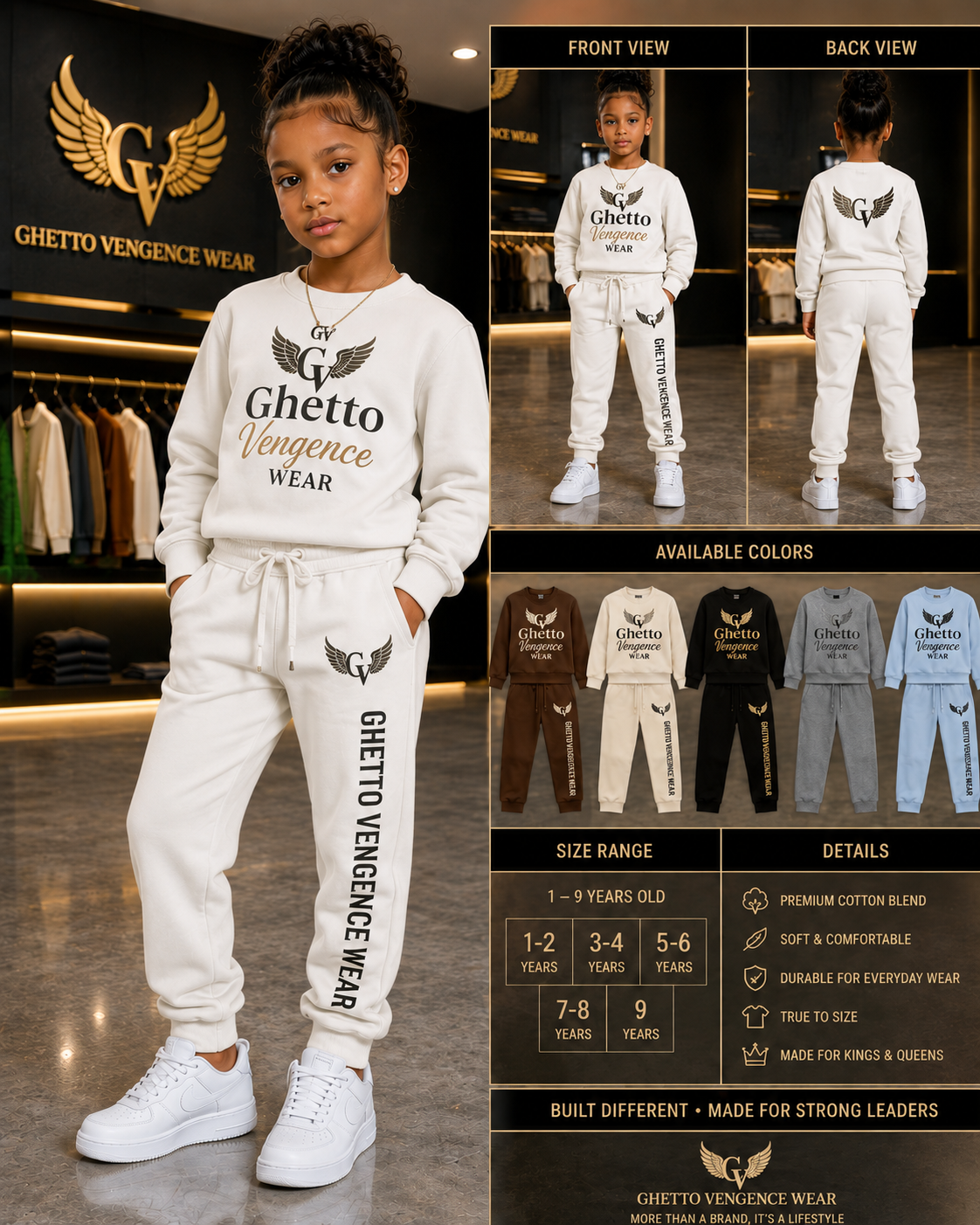 A child model wearing a white Ghetto Vengeance Wear hoodie and matching sweatpants, shown in a lifestyle layout with front/back views, available color options, a size chart, and product details on the right.
