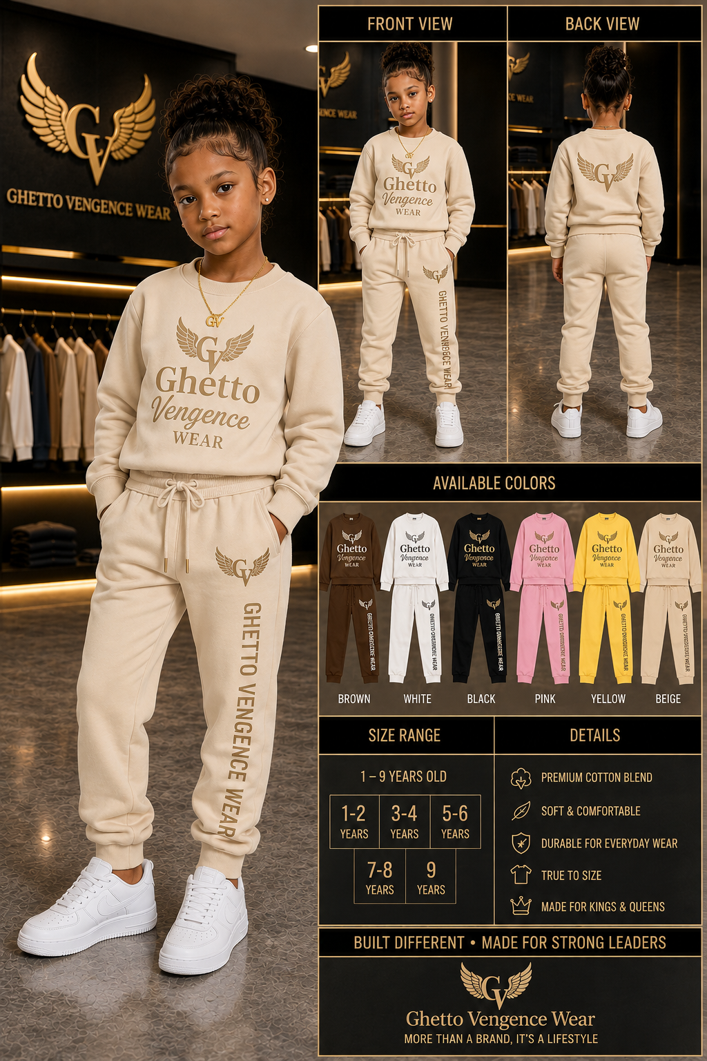 A child modeling a beige two-piece tracksuit with 'Ghetto Vengeance Wear' printed on the sweatshirt and pants, shown alongside front and back views and a size/color information panel.