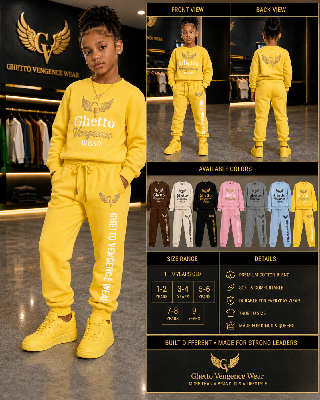 A child modeling a bright yellow Ghetto Vengeance Wear matching sweatshirt and jogger set, shown alongside front and back view graphics and an available colors panel with other color options.