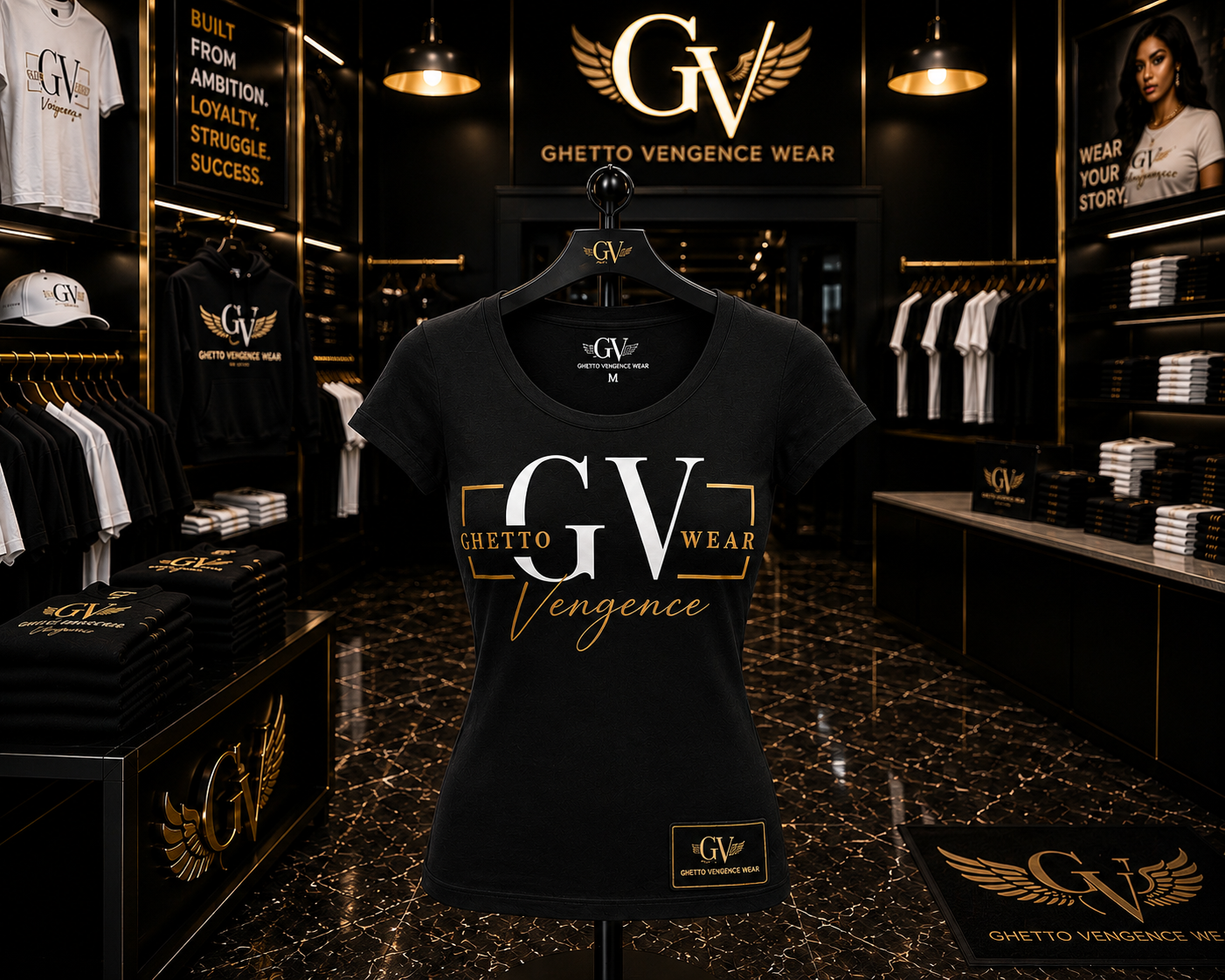 A black short-sleeve t-shirt with a gold and white 'GV WEAR Vengeance' graphic on the front, displayed on a hanger inside a luxury retail store with black marble floors and gold accents.