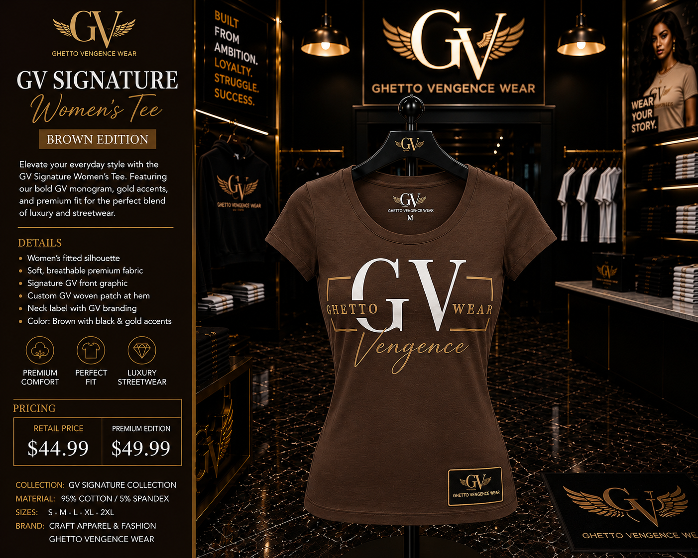 A brown short-sleeve t-shirt with a 'GV Signature Women's Tee' graphic, displayed on a hanger inside a branded retail store setting with black and gold decor.