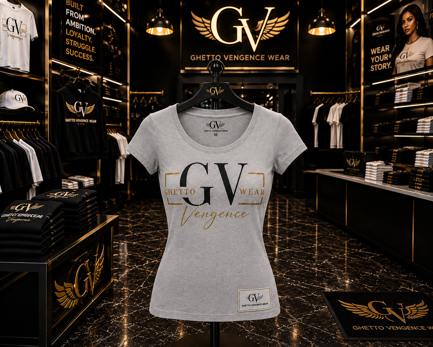 A light gray short-sleeve t-shirt with a gold and black 'GV' logo and 'Ghetto Vengeance' text, displayed on a black mannequin torso inside a branded retail store.