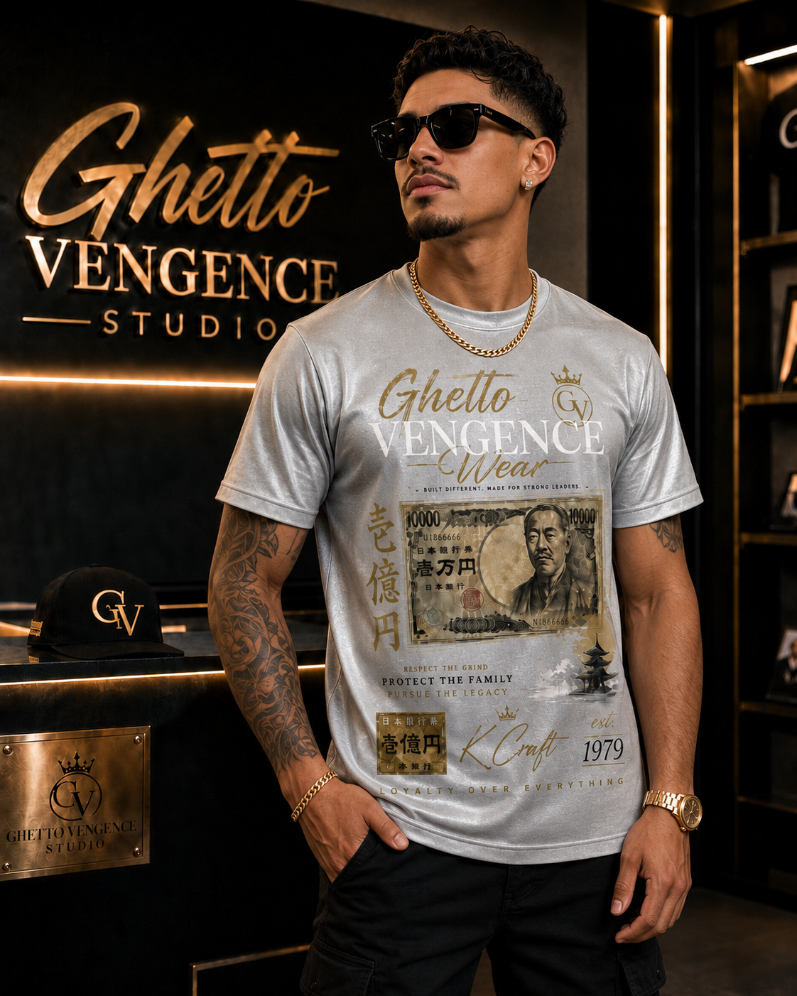A man wearing a light gray graphic t-shirt with 'Ghetto Vengence Wear' printed on the front, along with The Yen currency standing in front of a branded black studio background.