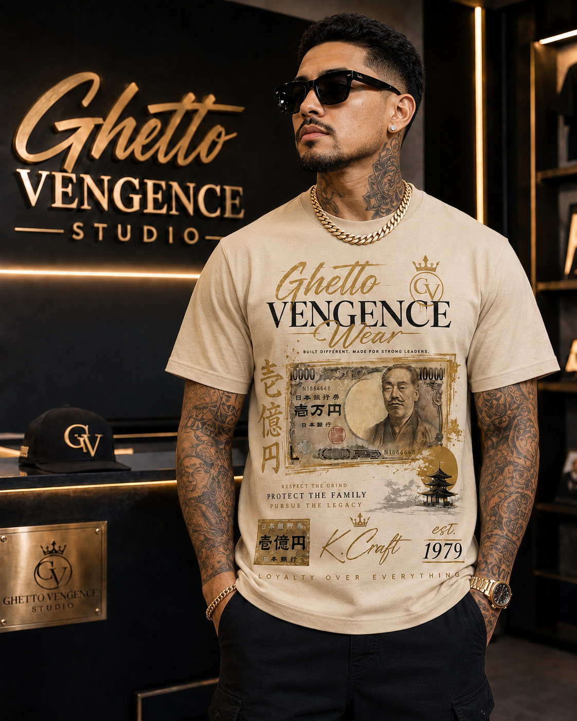 A man wearing a beige graphic t-shirt with 'Ghetto Vengeance Wear' printed on the front, standing in front of a black wall with gold lettering that reads 'Ghetto Vengeance Studio'.