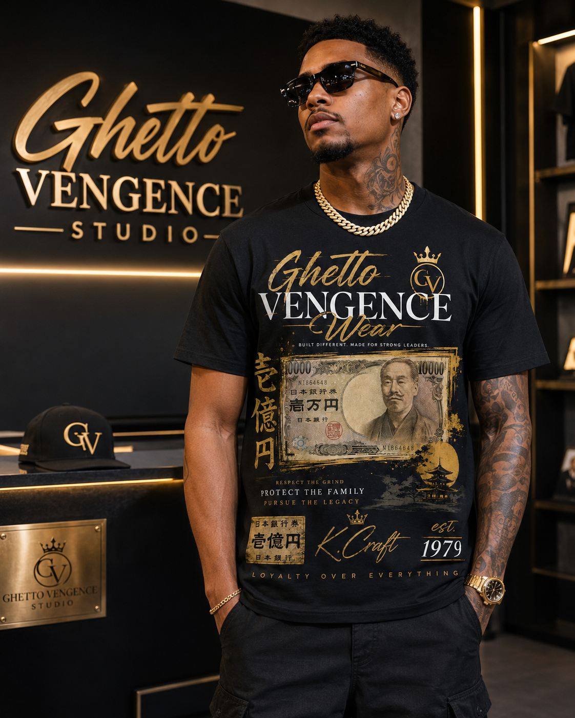 A man wearing a black graphic t-shirt with 'Ghetto Vengeance Wear' printed in gold and white, styled with a gold chain necklace and sunglasses, standing in front of a black wall with gold 'Ghetto Vengeance Studio' branding.